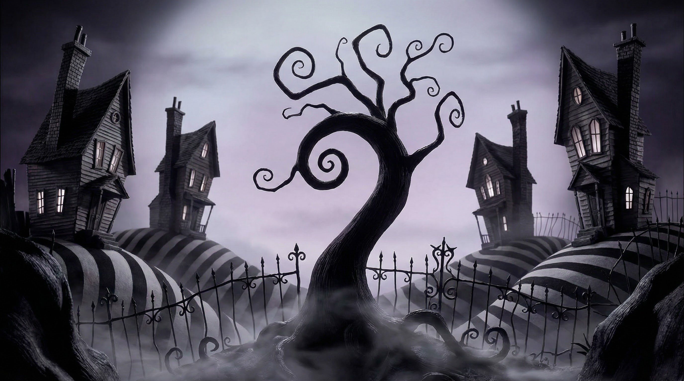 Tim Burton style environment - Gothic whimsical setting with striped patterns and exaggerated proportions
