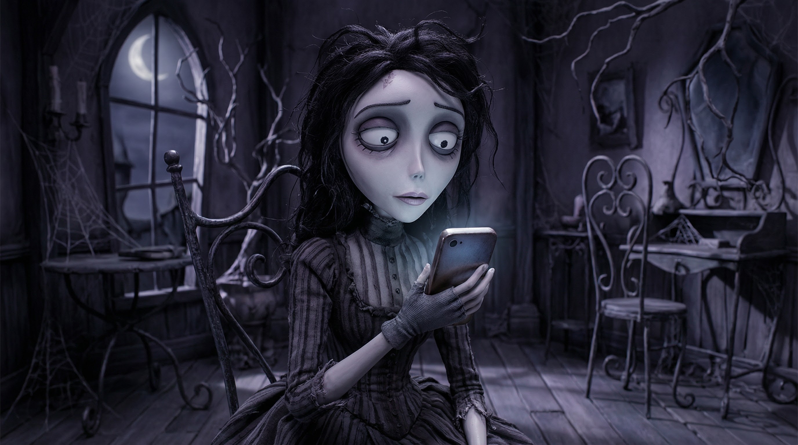Person using phone in Tim Burton aesthetic - Dark yet whimsical style with exaggerated proportions