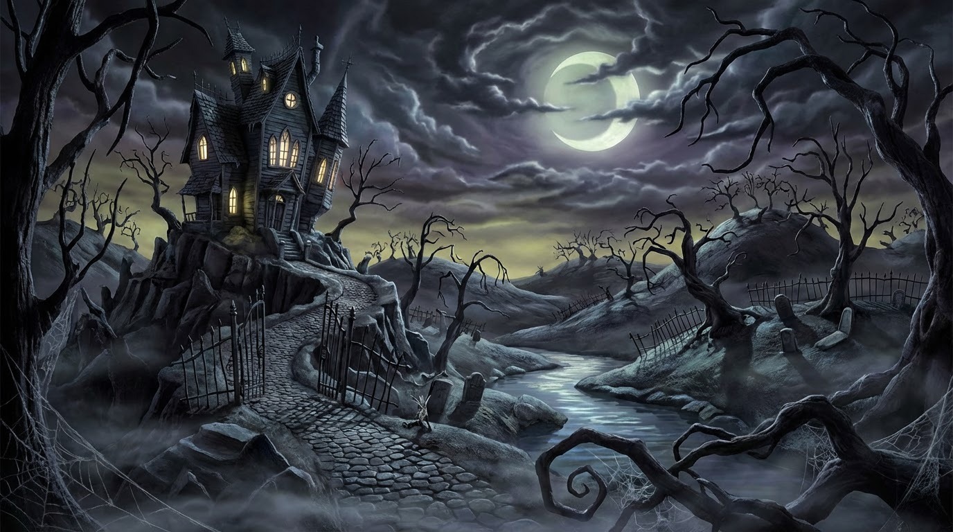 Tim Burton style landscape - Gothic environment with quirky character designs and dark playful atmosphere