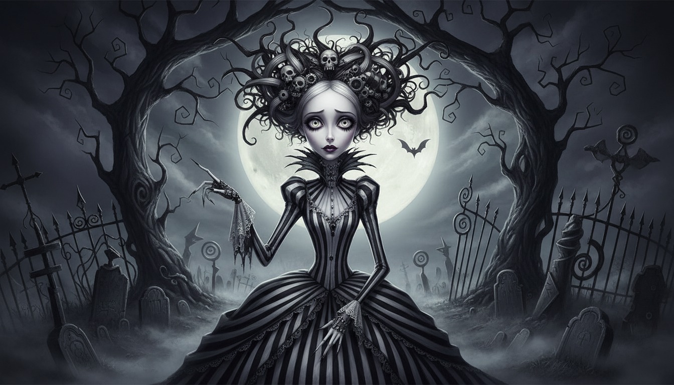 Tim Burton style portrait - Gothic whimsical aesthetic with striped patterns and exaggerated proportions
