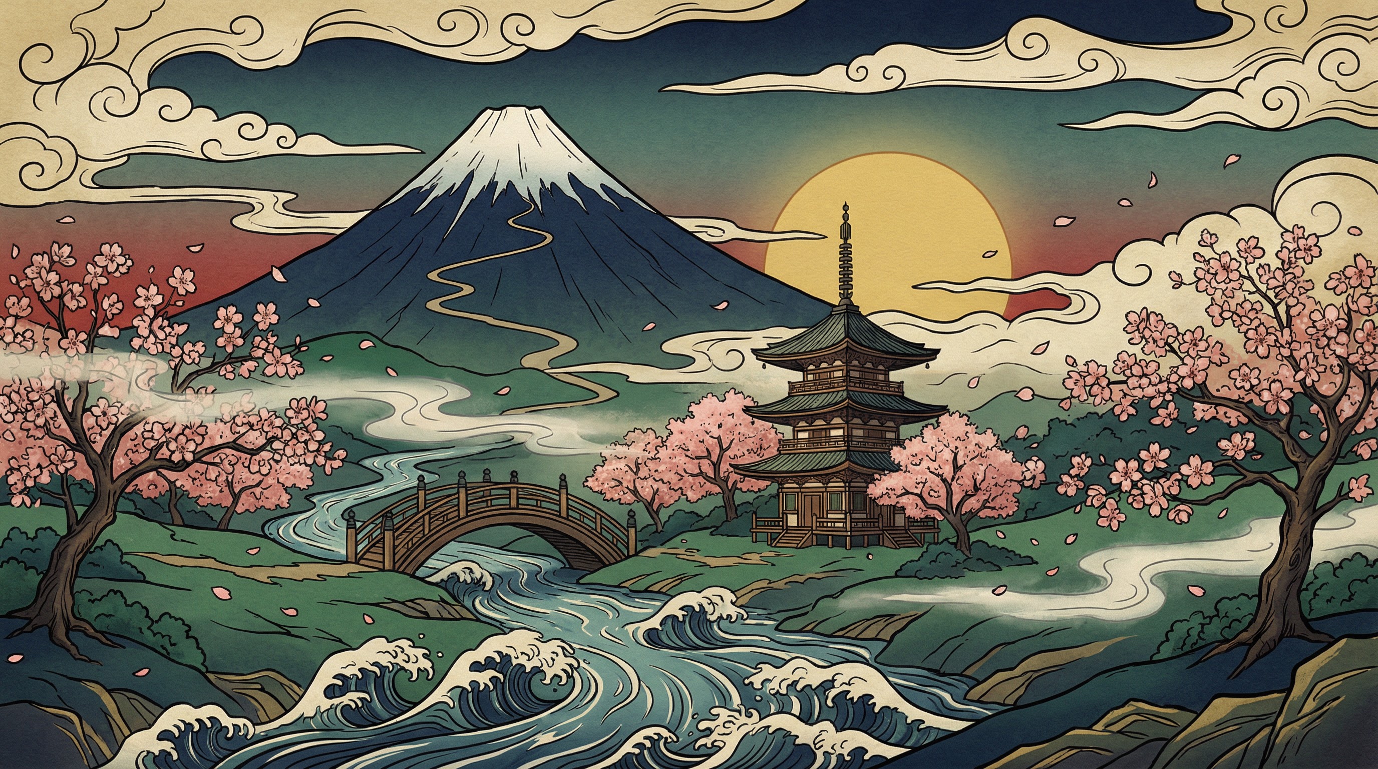 Ukiyo-e style landscape environment