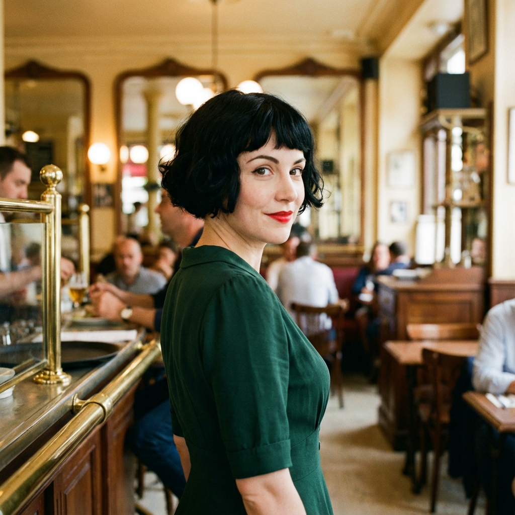 Woman in a cafe, photorealistic style