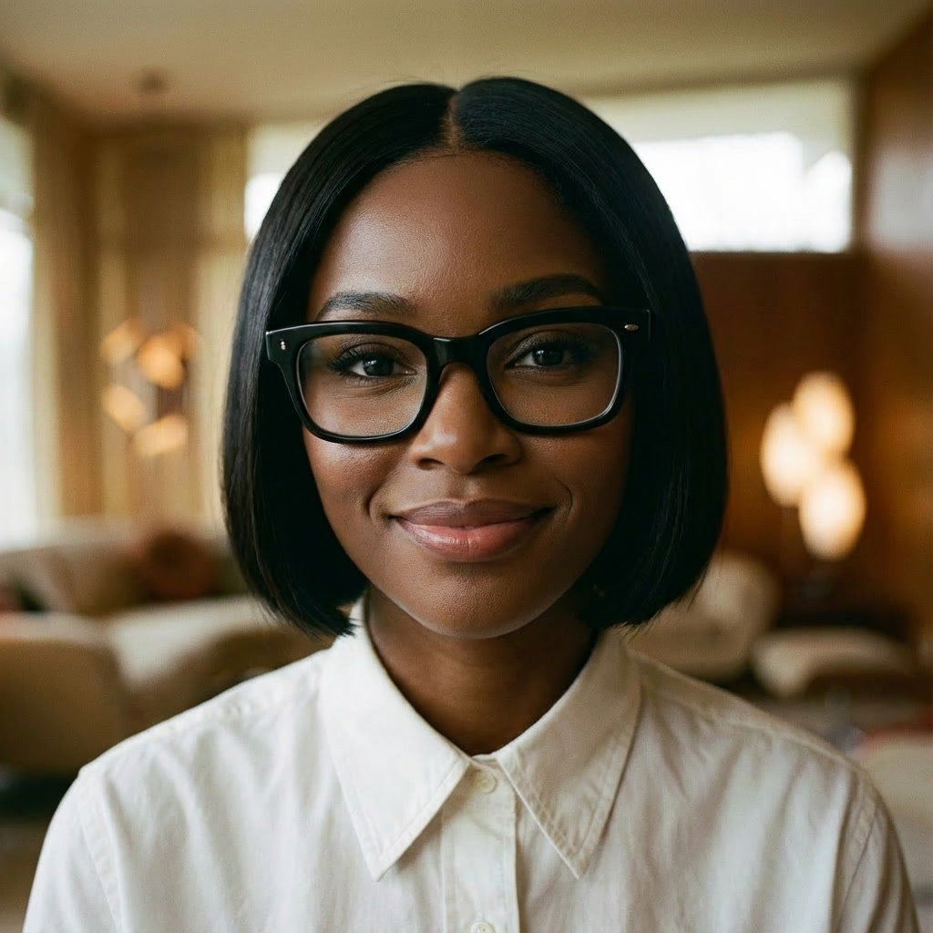 Portrait of a young woman in her living room, photorealistic
