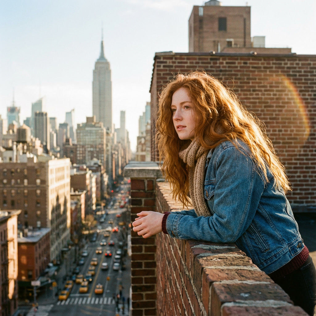 Woman on rooftop in jean jacket overlooking NYC-style cityscape, photorealistic