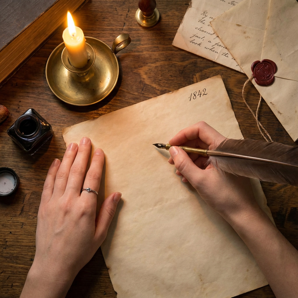 First person view of writing at a desk with a quill pen, photorealistic style
