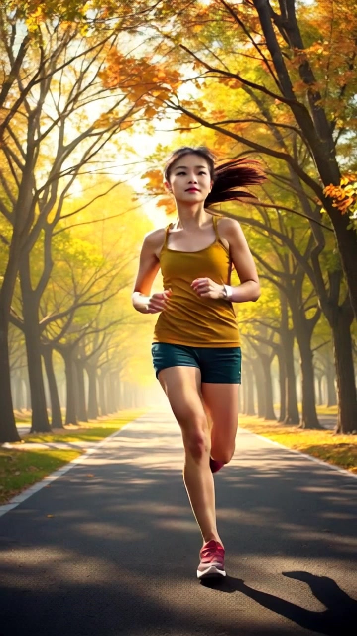 Subject: A determined individual jogging along a sunny park path lined with trees. Subject movement: The runner maintains a steady, focused pace, arms swinging rhythmically. Scene: A vibrant park path bathed in sunlight, surrounded by lush greenery. Style: Bright, warm lighting that enhances the colors of the park. Motion: Camera follows the jogger from a smooth tracking shot at shoulder height, adjusting angle to capture the serene beauty of the path and the vigorous movement of the runner.