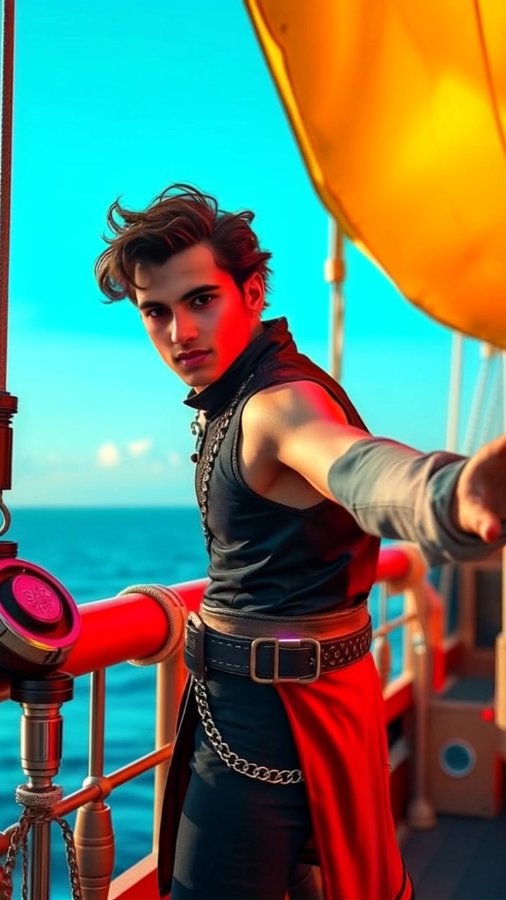 Subject: Luffy on a pirate ship's deck. Subject movement: Luffy stretches his arm dramatically towards the horizon, embodying determination and adventure. Scene: The vibrant deck of a pirate ship with the vast, clear blue sky stretching endlessly above. Style: Bright, sunny lighting that enhances the colors of the scene, creating an atmosphere of optimism. Motion: Camera performs a slow push-in from the ship's railing, capturing Luffy's expressive gesture while revealing the expansive ocean around him.