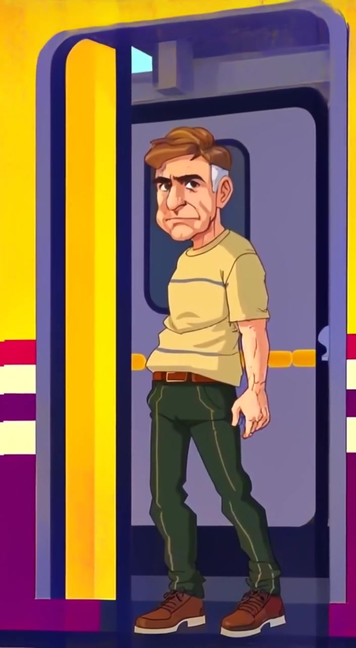 The man pauses at open train doors, taking a deep breath before stepping inside with calm determination.