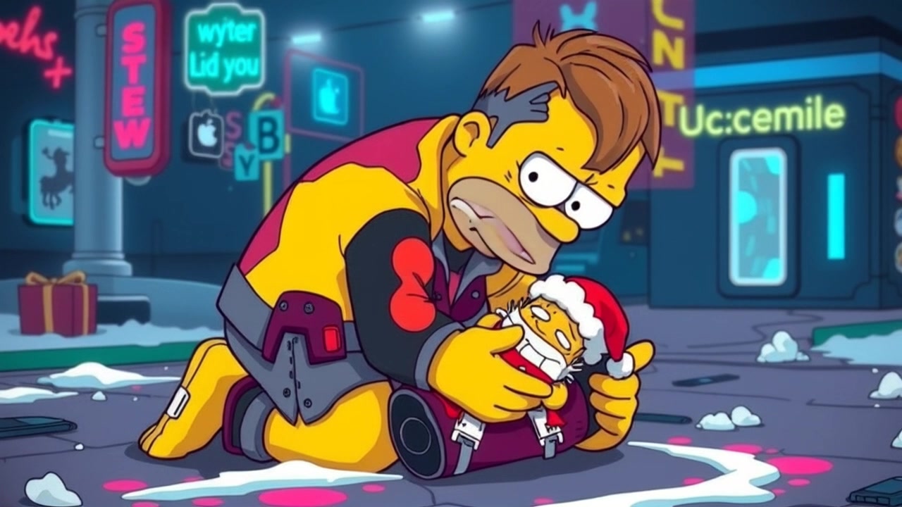 Homer kneeling on the ground, crying with Santa's Little Helper in his arms, looking devastated.