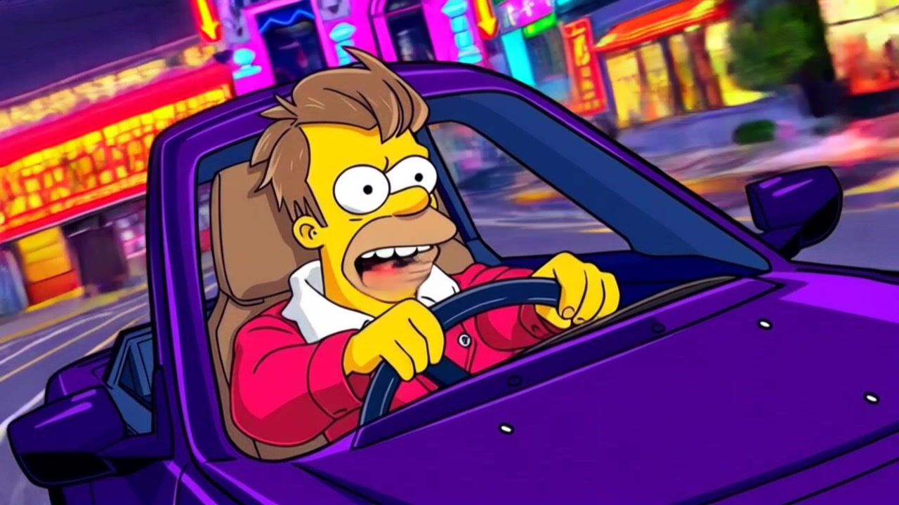 A cartoonish drawing of Homer driving the family car with a frantic expression, speeding down the street.