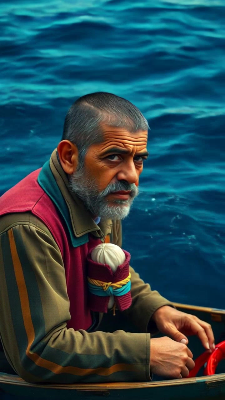 Subject (Sturdy build, Fisherman attire, Weathered face, Holding a fishing rod) + Subject movement (Rocking gently with the boat) + Scene (Vast, blue ocean with no land in sight) + Camera Language (Slow zoom out) + Lighting (Sunlit, reflecting off the ocean waves) + Atmosphere (Peaceful, serene)