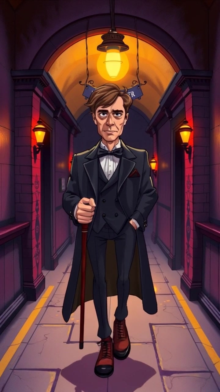 Subject: Build, Confident gait, Clothing with a Station Master uniform, Wooden cane, Holding torches, Subject movement: Confident stride, Scene: Dimly lit hallway, Torch-lit walls, Camera Language: Follow tracking shot, Lighting: Flickering torchlight, Atmosphere: Mysterious and suspenseful