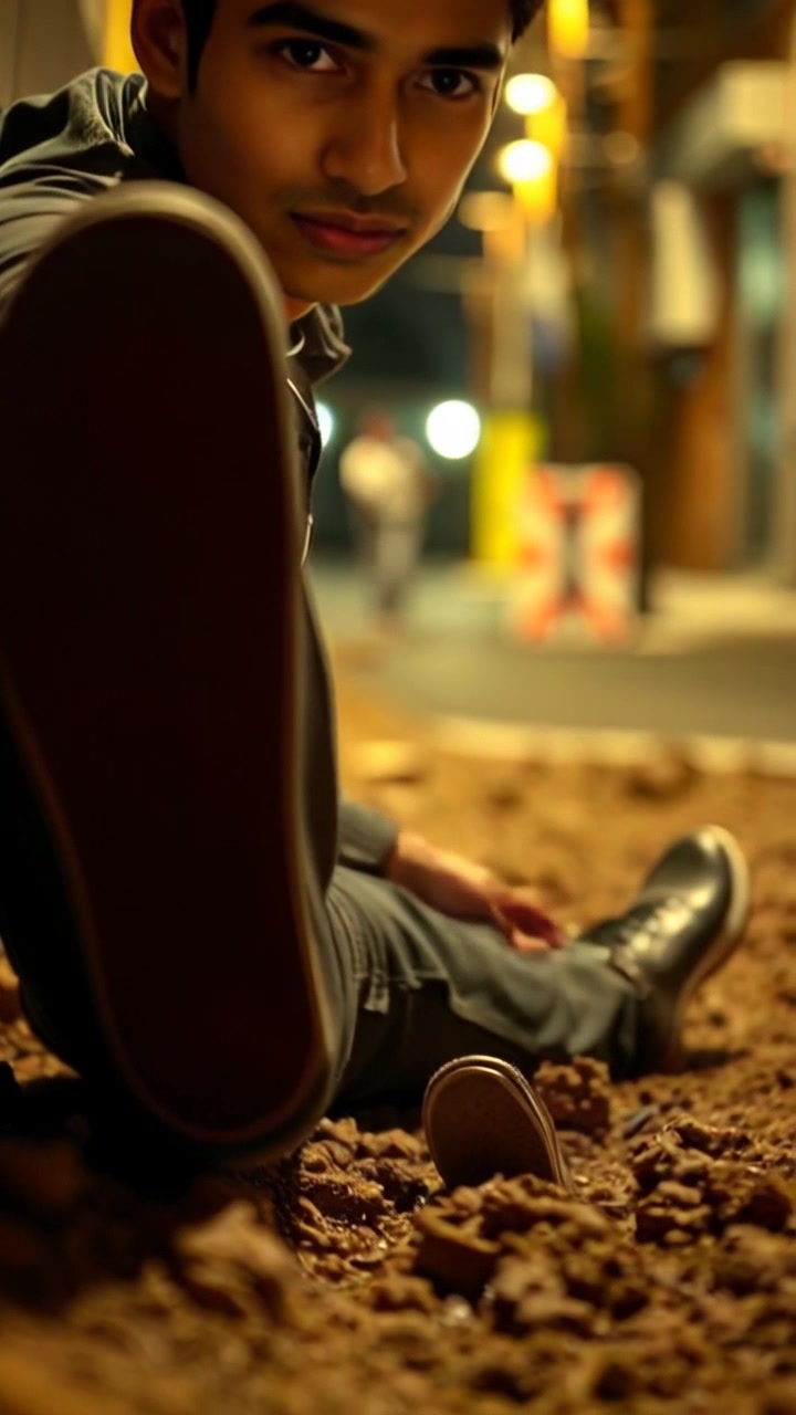 Scene: A tense moment as the ground trembles beneath a pair of feet standing on a rugged terrain. Style: Dramatic lighting enhances the sense of urgency, casting long shadows and highlighting the uneven ground. Motion: The camera shakes slightly to mimic the rumbling effect, slowly dolly zooming in on the feet as they shift, bracing against the seismic disturbance.