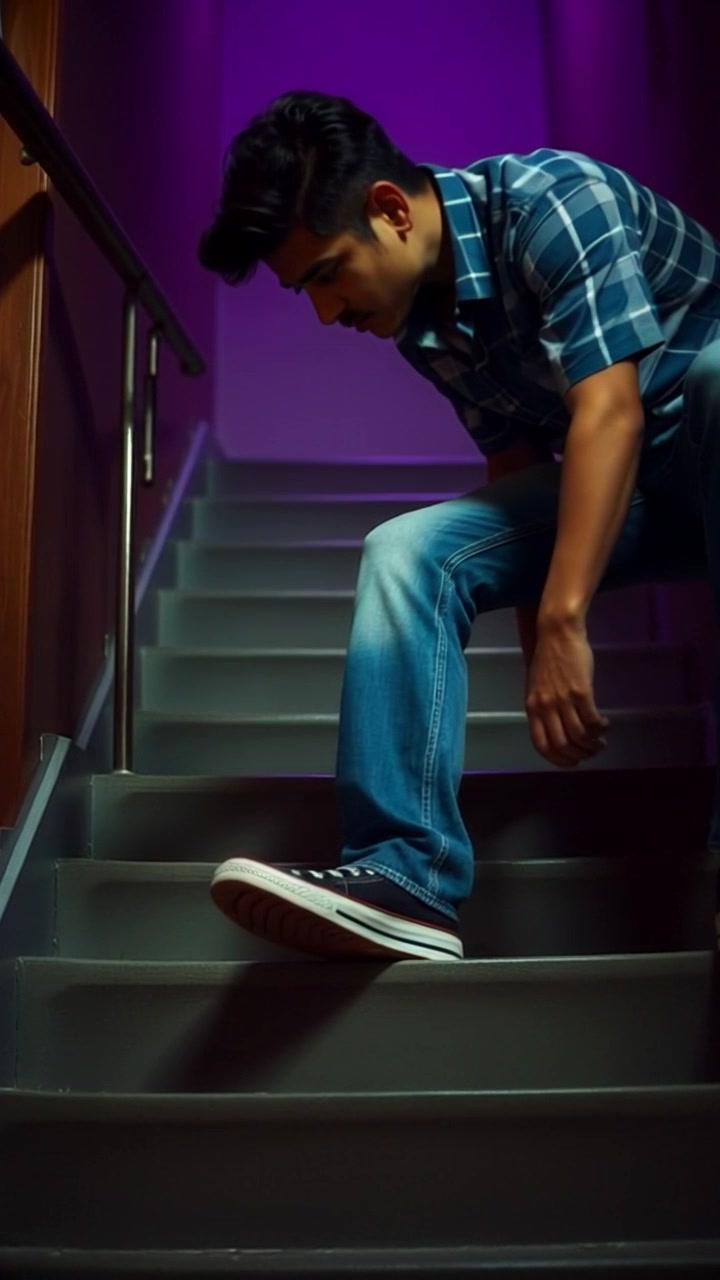 Subject: A person taking a cautious step onto a staircase. Subject movement: The individual slowly places their foot on the first step, as if testing its stability. Scene: Dimly lit staircase within an old, creaky house, shadows dancing along the walls from a nearby flickering light. Style: Mysterious atmosphere with low-key lighting emphasizing the uncertainty of the moment. Motion: The camera smoothly pushes in closer as the foot descends, capturing the texture of the worn steps and the tension in the air.
