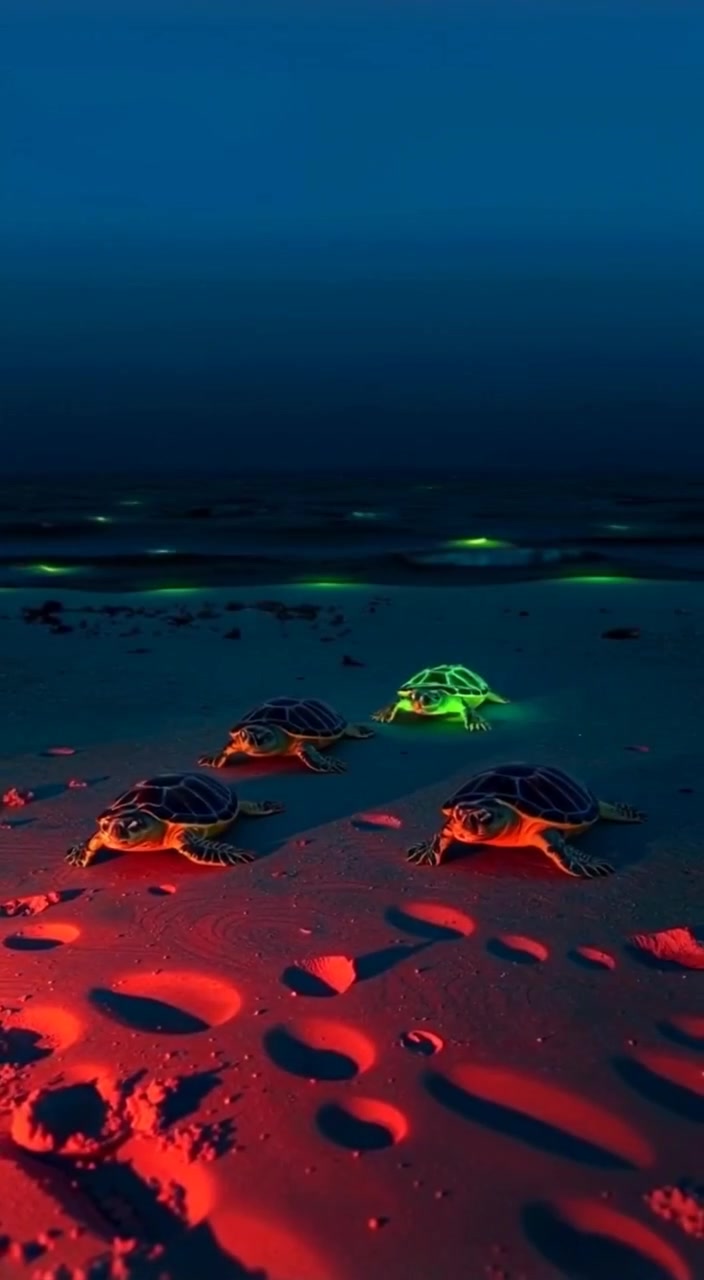 Six turtles move gently across the sandy beach, leaving trails behind them under a clear blue sky.