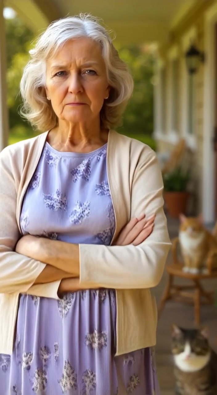 The woman stands sternly, arms crossed, as a soft breeze gently rustles the leaves nearby.