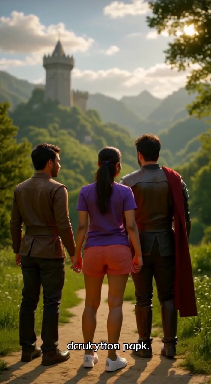 The woman gazes thoughtfully at the tall green hills in the distance, her hair gently swaying in the breeze.