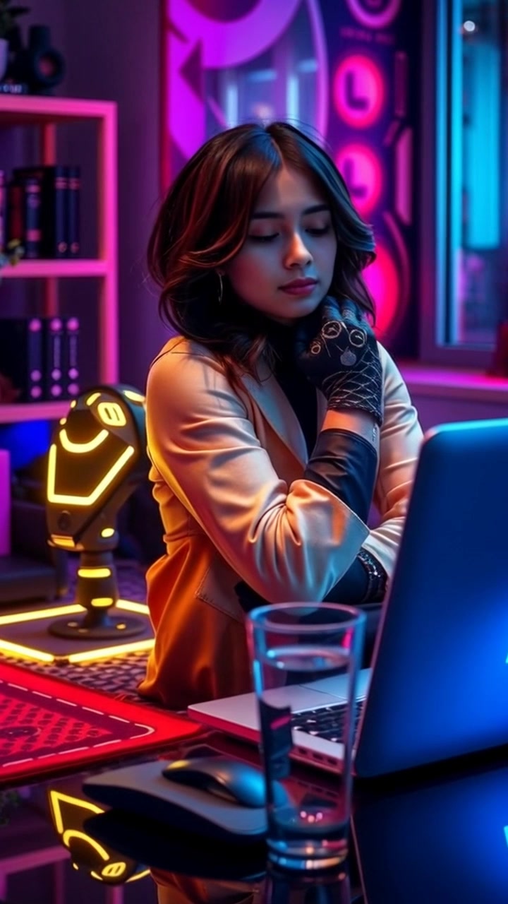Subject: A young woman sitting at a desk with a laptop open. Subject movement: She slightly leans forward, looking thoughtful as she types. Scene: Cozy room filled with warm lighting, soft textures, and personal decor. Motion: The camera slowly pushes in on her focused expression, capturing the gentle play of shadows on her face as she engages with her thoughts. The ambient light creates an inviting atmosphere, making the space feel intimate and reflective.
