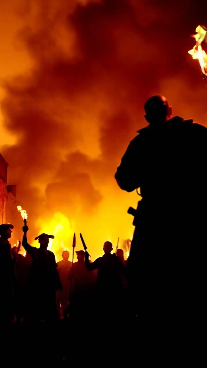 Scene: A crowd of angry citizens gathering outside the Bastille, holding torches and makeshift weapons, faces filled with determination and rage. Style: Dramatic lighting illuminated by flickering flames and torchlight, casting long shadows on the stone walls. Motion: The camera sweeps in with a handheld tracking shot, capturing the frantic energy of the crowd as they raise their weapons and shout, creating a palpable atmosphere of unrest.