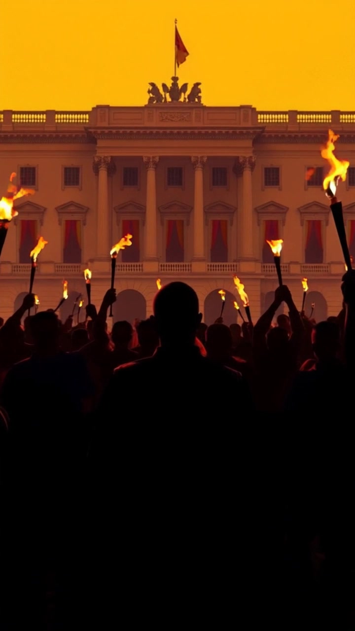 Scene: An angry mob, holding torches, gathers fiercely in front of a grand palace, faces illuminated by flickering flames. Style: Dramatic lighting casting long shadows across the cobblestone courtyard, the atmosphere thick with tension and urgency. Motion: The camera glides in with a dramatic panning shot, capturing the fervent energy of the crowd as it swells, revealing the ornate palace in the background.