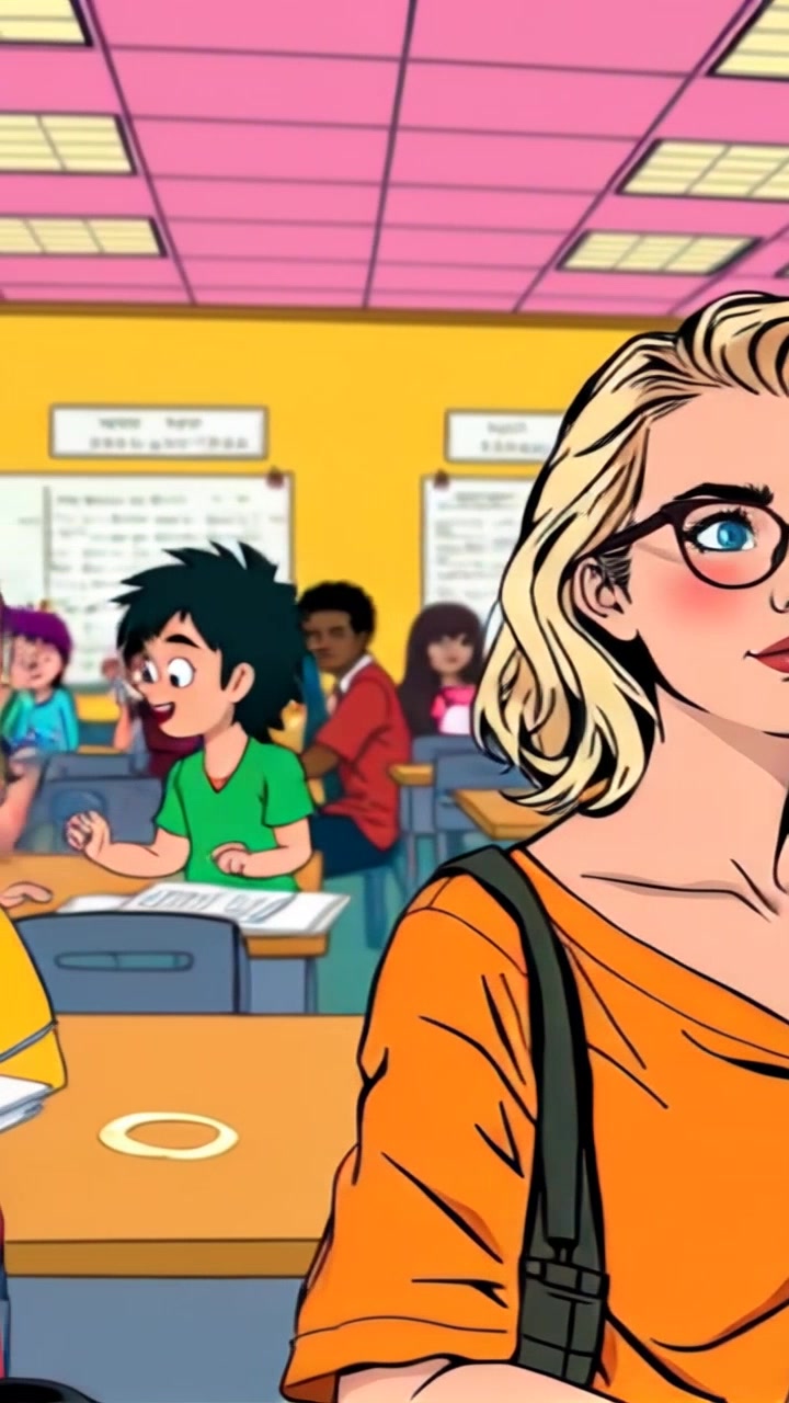 Scene: A wide view of a vibrant cartoon-style classroom bustling with activity as students engage in animated discussions. Style: Bright and colorful atmosphere filled with playful elements that enhance the lively mood. Motion: The camera slowly glides across the classroom, capturing the energy of the students while focusing on the teenage girl observing her peers with a curious expression.