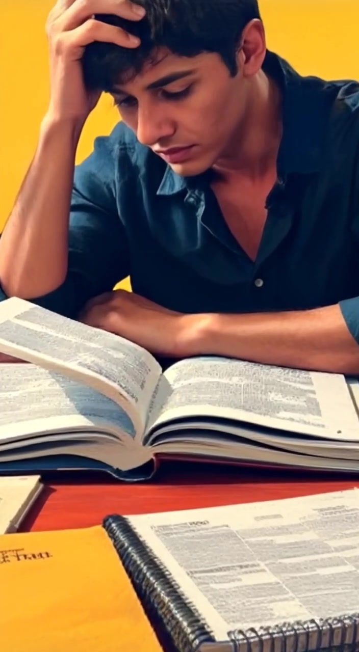 The person gently turns a page in a textbook while deep in thought.