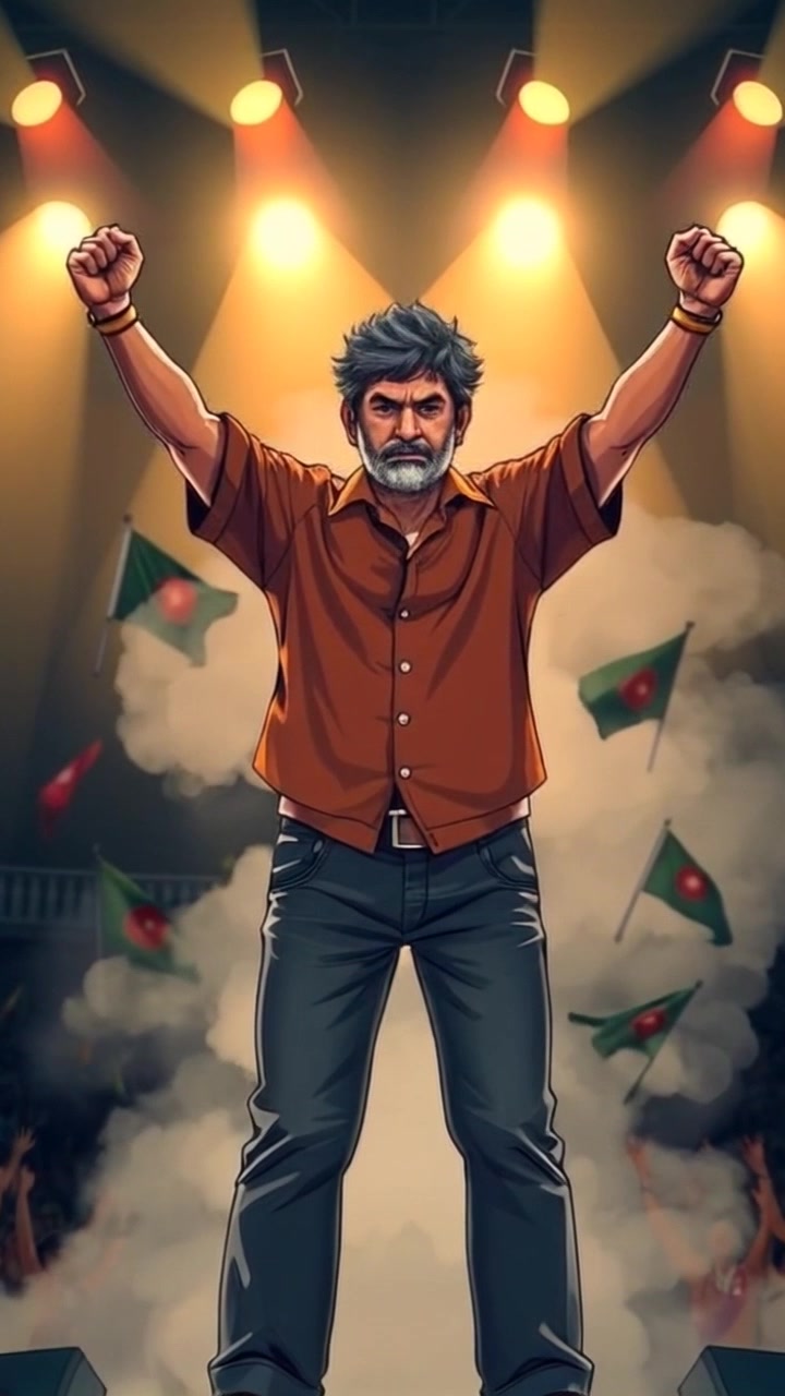 Foza Pagla bursts onto a stage, arms raised like a superhero, with a smoky background and dramatic lighting.
