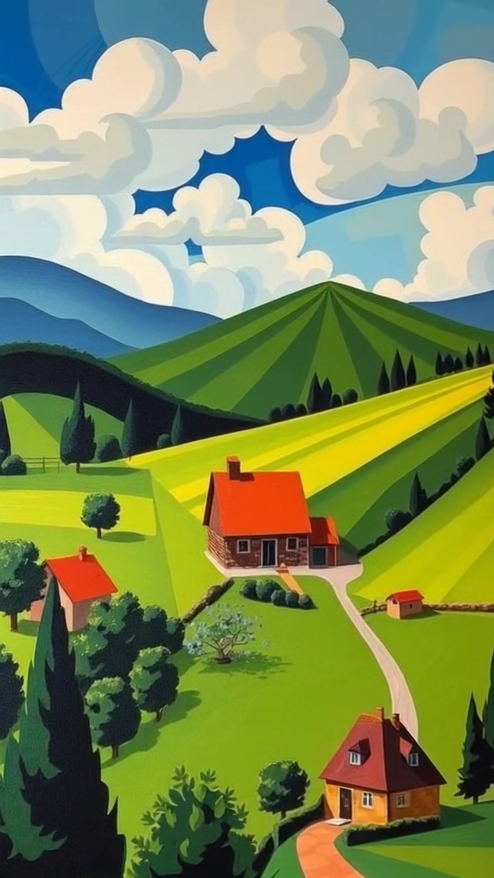 A picturesque countryside landscape with rolling hills, lush greenery, and a small quaint cottage.