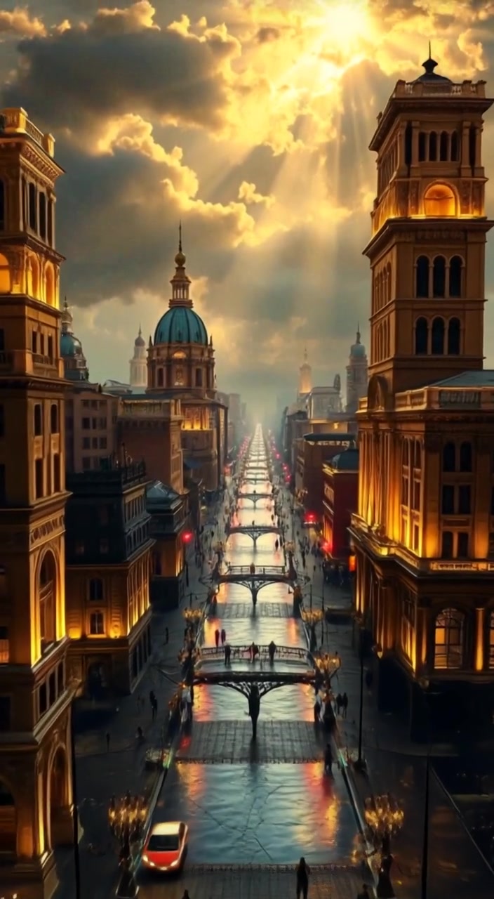 Golden sunlight glimmers off the gemstones in the streets as clouds drift lazily over the stunning city skyline.