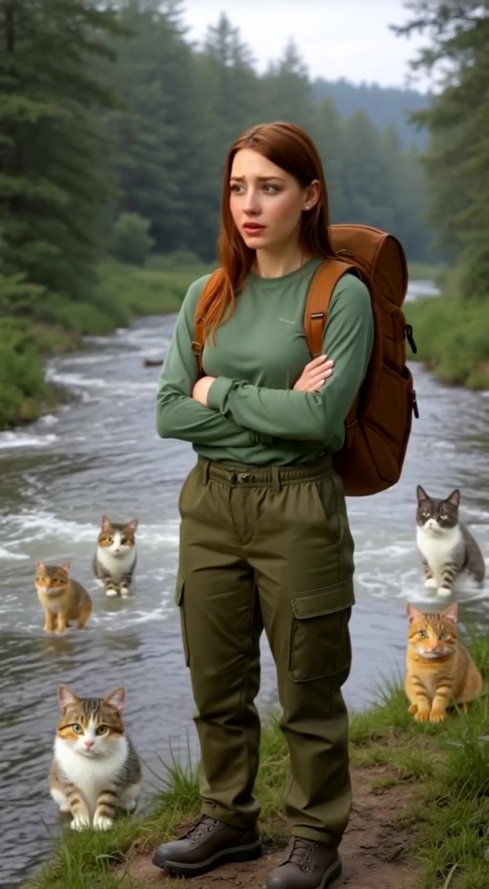 The woman gazes at the rushing river, her expression filled with worry as the current flows swiftly by.