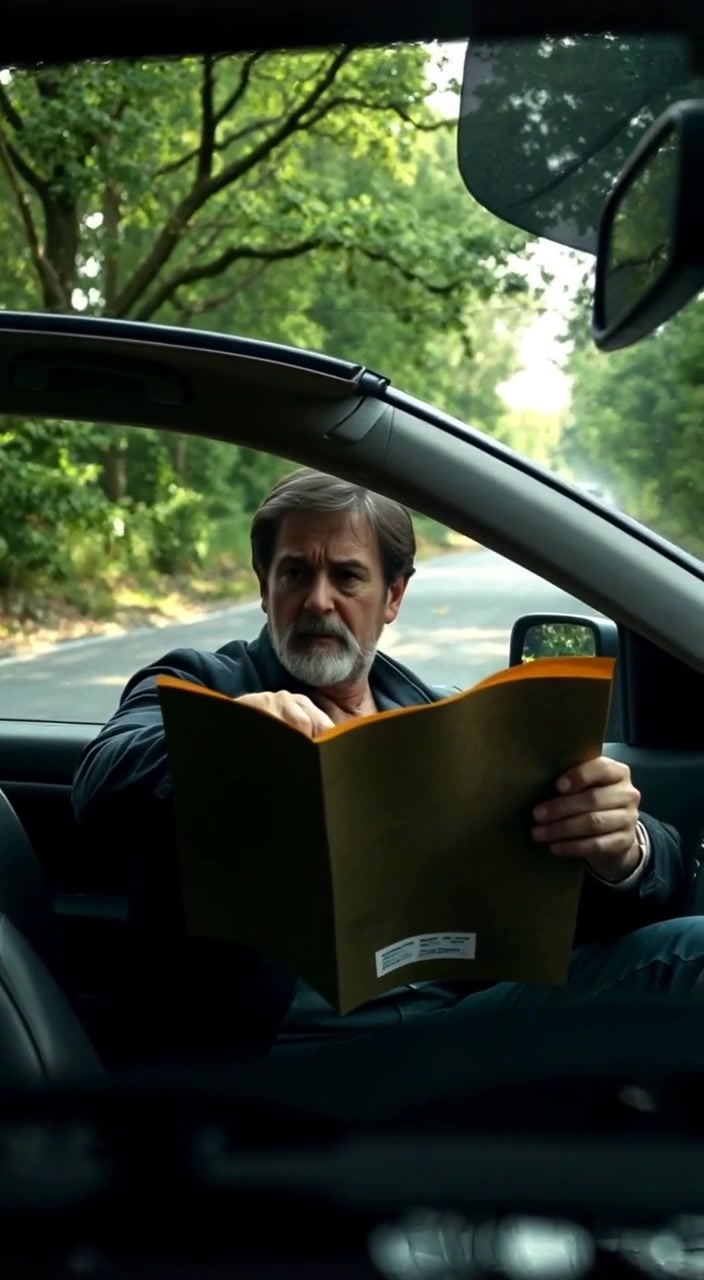 Arjun, looking worried, is peering at a map inside a parked car.