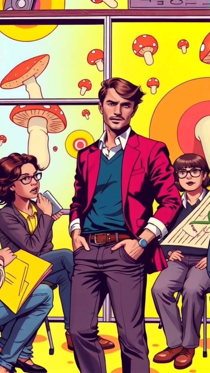 Hero standing confidently in an office, surrounded by colleagues, discussing plans.