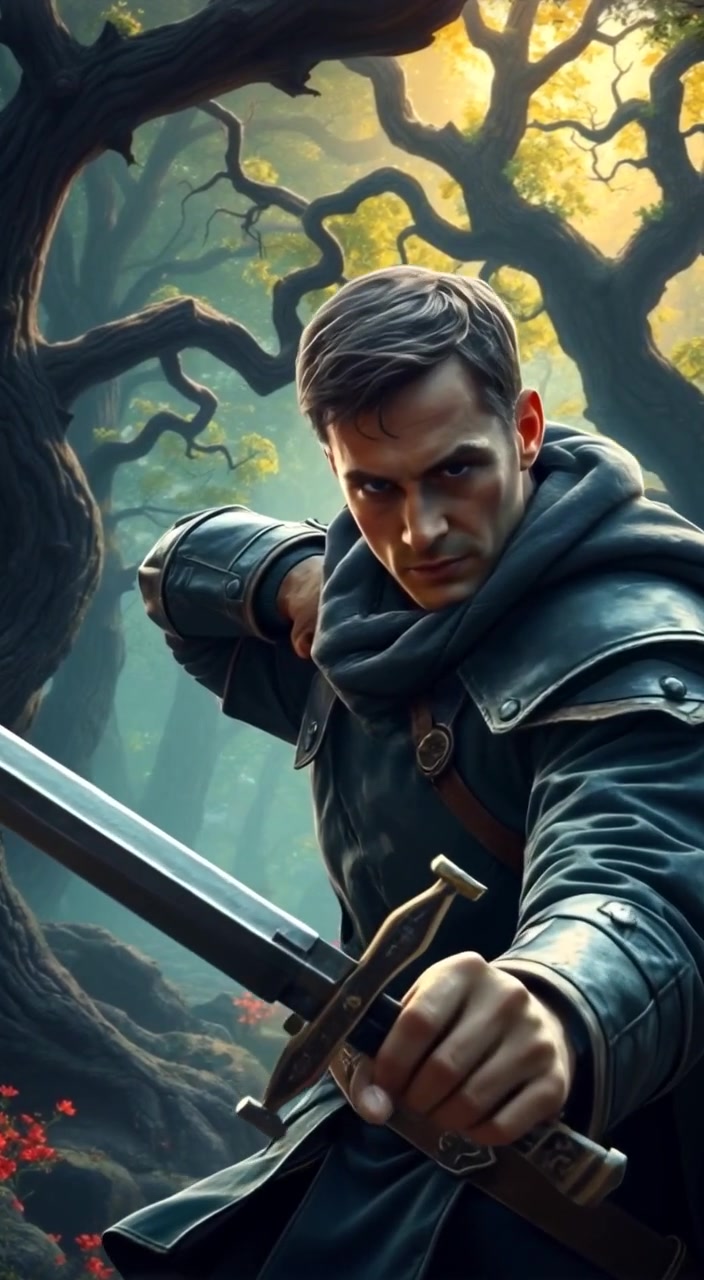 Kaito draws his sword in a defensive posture, showing signs of hesitation in the magical forest.