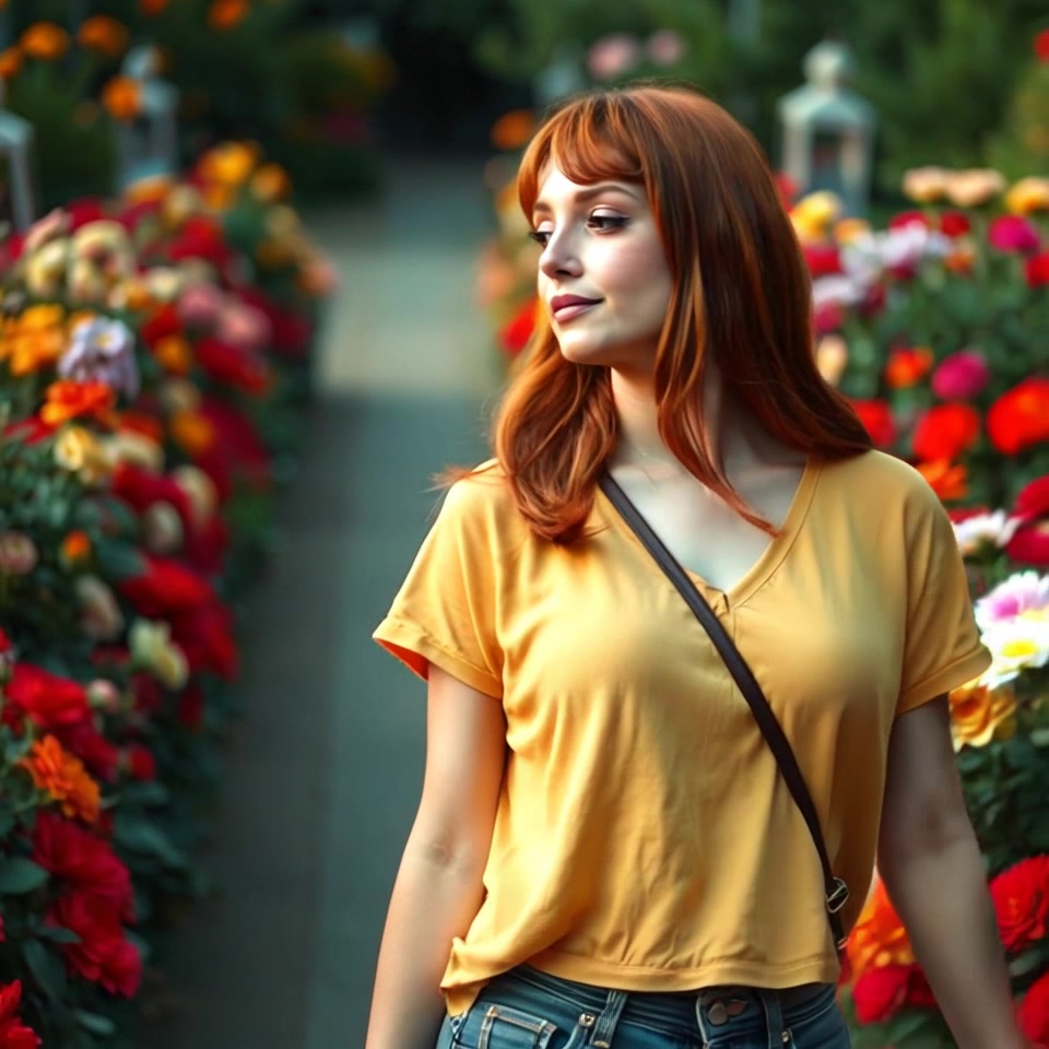 Subject: A woman walking gracefully through a vibrant flower garden, surrounded by an array of blooming flowers and lush greenery. Subject movement: She glides gently along the path, pausing to admire the blossoms. Scene: A colorful flower garden in full bloom, with a rich tapestry of petals and leaves. Style: Bright, natural lighting emphasizing the vivid colors of the flowers. Motion: The camera follows her in a smooth tracking shot, weaving through the garden to capture the beauty around her.
