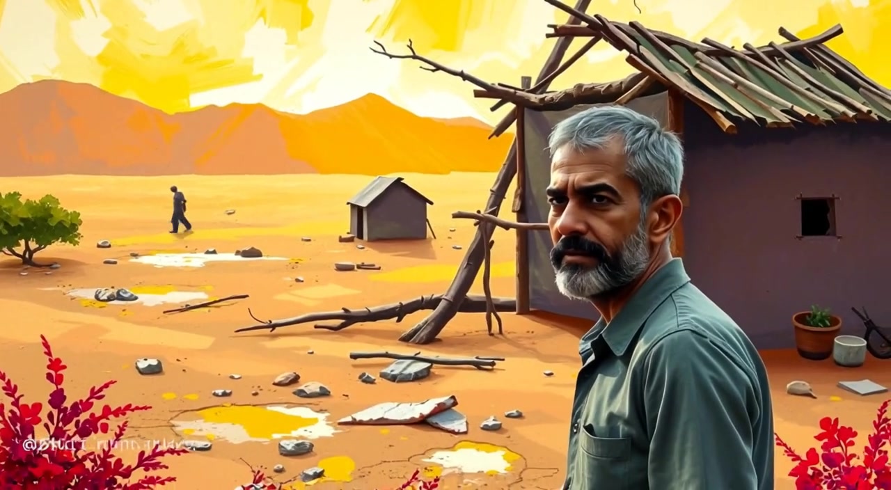 The elderly man gazes thoughtfully at the horizon in a sunlit, dry village landscape.