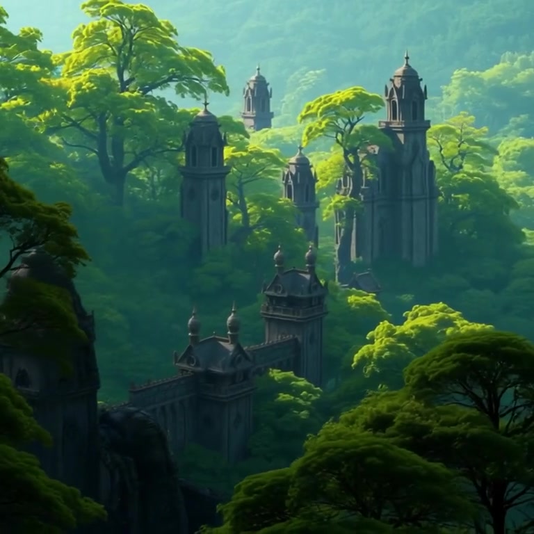 Leaves sway gently in the breeze as sunlight filters through the tall trees of the lush Sichuan forest.