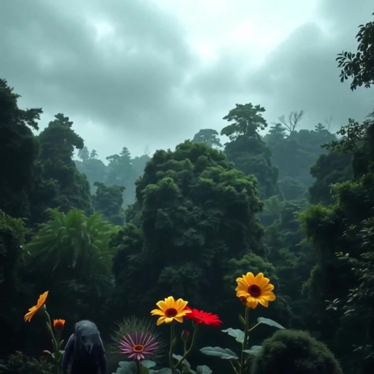 Leaves gently sway in the breeze as rain begins to fall on the vibrant, green forest floor.