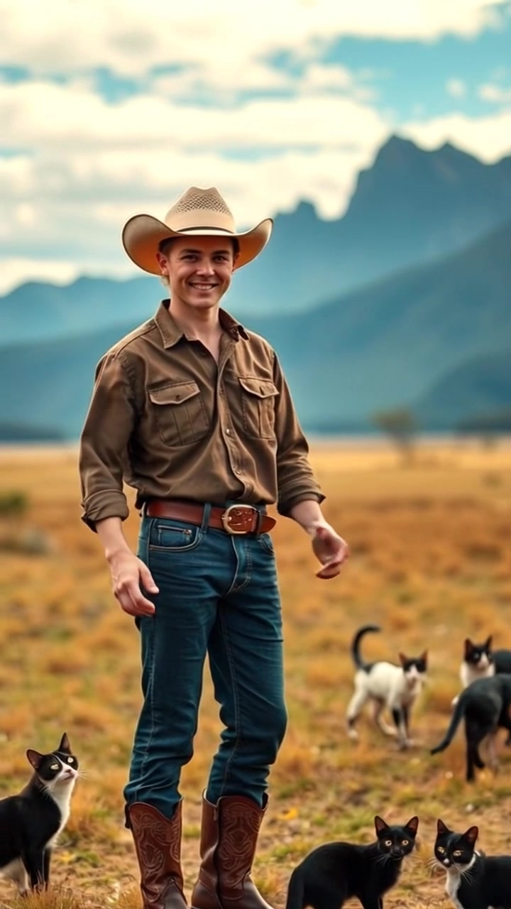 Subject: A cowboy stands tall in an open field, wearing a cowboy hat and boots. Subject movement: The cowboy dramatically raises his arms, as if embracing the vastness around him. Scene: Expansive open field with majestic mountains in the background, under a clear blue sky. Style: Bright, afternoon lighting casts vibrant colors on the landscape. Motion: Camera slowly pushes in toward the cowboy, capturing the interplay of light and shadow on the rugged terrain.