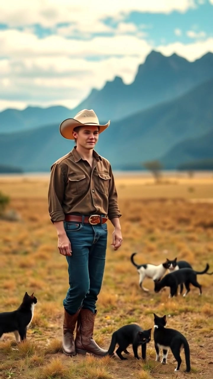 Subject: A cowboy standing confidently in an expansive open field. Subject movement: The cowboy shifts slightly, gazing out towards the distant mountains. Scene: Open field with rugged mountains in the background, under a wide, blue sky. Style: Bright, natural lighting accentuating the cowboy's attire and the lush greenery. Motion: Camera starts with a ground-level view, then smoothly rises to create a sweeping panoramic shot of the landscape, highlighting the vastness of the open space.