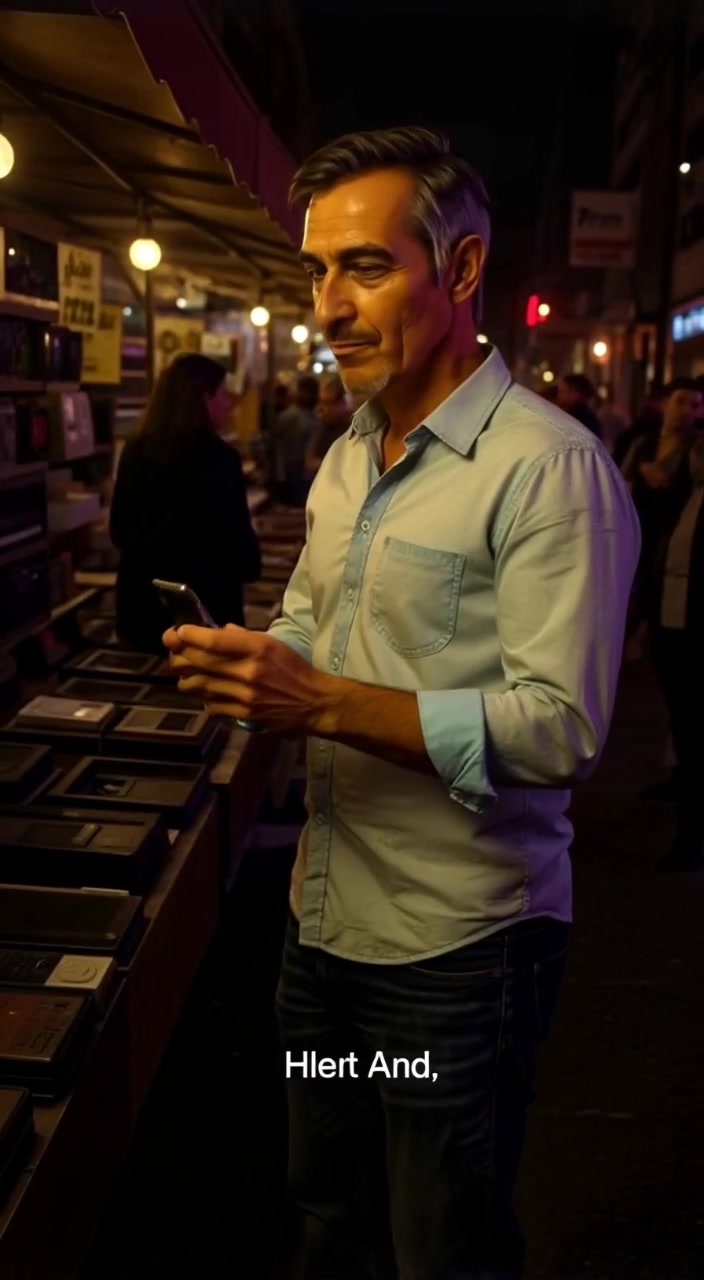 The man gently turns the second-hand phone, examining it under the warm sunlight at a busy flea market.