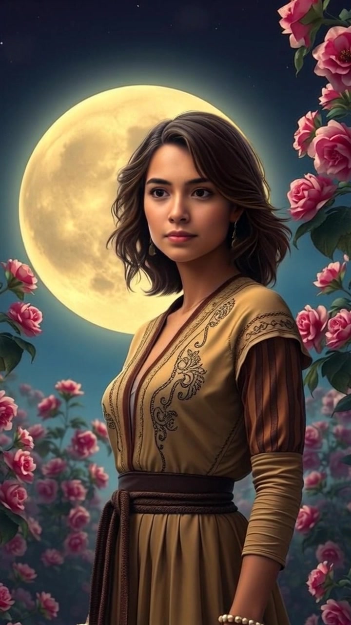 Subject: Juliet standing in a moonlit garden. Subject movement: Her expression shifts from worried to contemplative as she gazes at the flowers. Scene: A serene garden illuminated by moonlight, filled with blooming flowers and lush greenery. Style: Soft, ambient lighting from the moon creates a magical atmosphere. Motion: The camera slowly pushes in, capturing the delicate details of the flowers around her while maintaining focus on her expressive face.