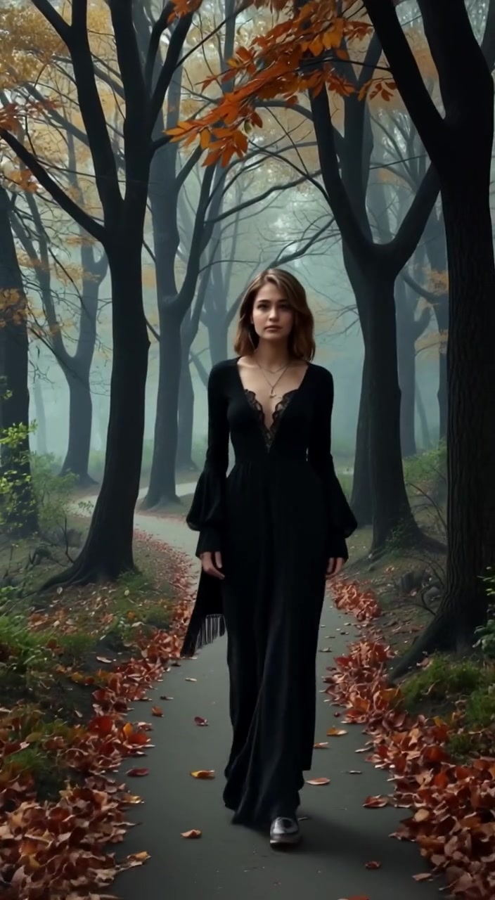 The woman walks confidently along a winding forest path, leaves gently falling from the trees surrounding her.