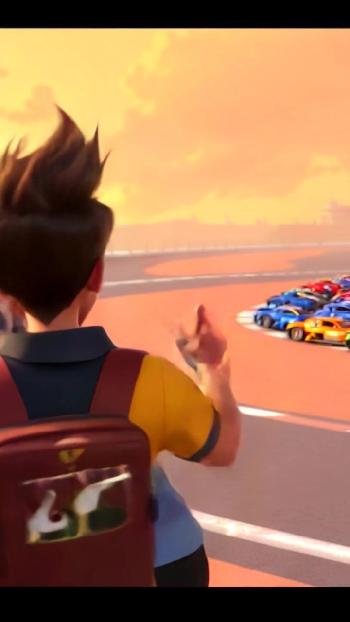 Subject: Rudra and friends joyfully interacting while pointing toward a race track. Subject movement: They burst into laughter, playfully jostling each other as they move excitedly toward the track. Scene: Outdoor race track filled with colorful racing cars and a cheering crowd in the background. Style: Bright, midday sun casting vibrant shadows, creating an energetic and lively atmosphere. Motion: The camera performs a dynamic pan from the laughing group to the race track, capturing the excitement in a smooth sweeping motion.