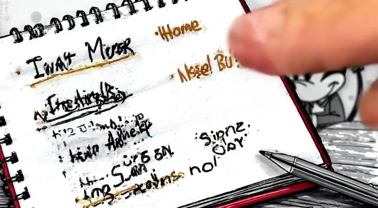 The hand slowly flips through the notepad filled with crossed-out names and scribbled notes, revealing frustration.