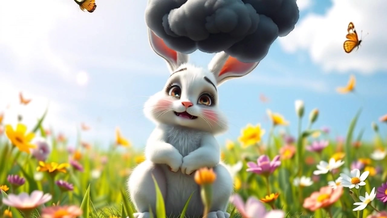 Hoppy the rabbit sits on a patch of grass, looking disheveled and upset, with a dark cloud overhead.