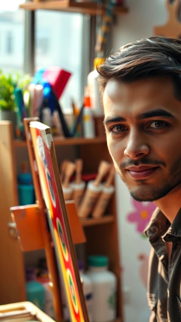 Scene: A sunlit art studio filled with vibrant colors and art supplies, where a close-up captures the essence of creativity. Style: Bright, natural morning light floods the space, highlighting the textures of paint and canvas. Motion: Camera gently pans across the workspace, focusing on the fluid motions of the painting process, capturing the vibrant strokes and surrounding tools.