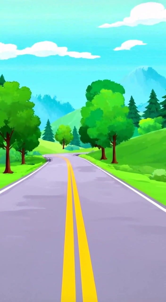 A car gently drives along a winding road surrounded by lush hills and trees, signaling the start of a journey.