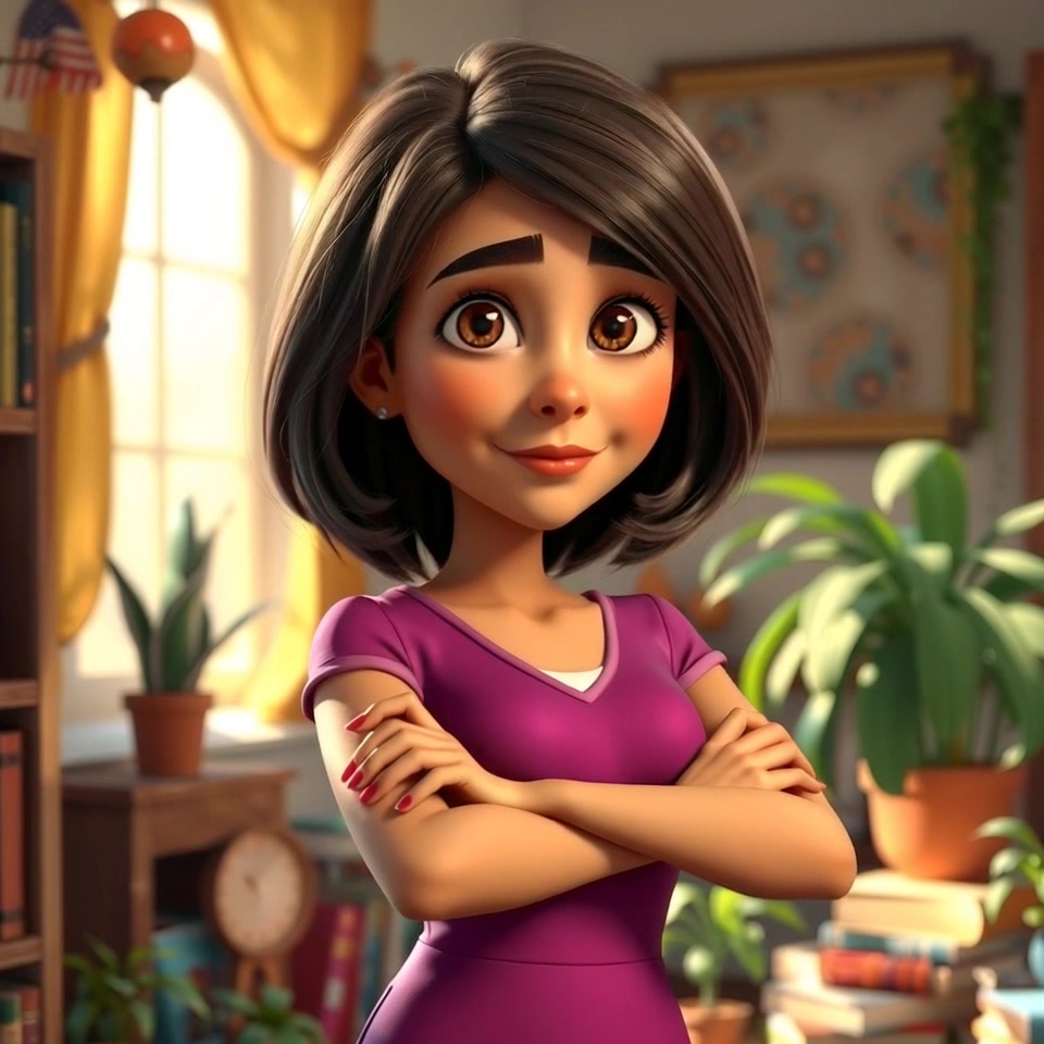 Subject: A confident woman standing with her arms crossed. Scene: A sunlit room filled with bookshelves and lush green plants. Style: Warm, inviting daylight spilling in through the windows, highlighting the textures of the books and foliage. Motion: Camera gently zooms in on the subject, capturing her poised expression while a soft breeze moves the leaves, creating a serene atmosphere.