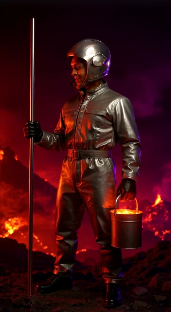 The man carefully pours lava from the container, as smoke rises from the active volcano in the background.