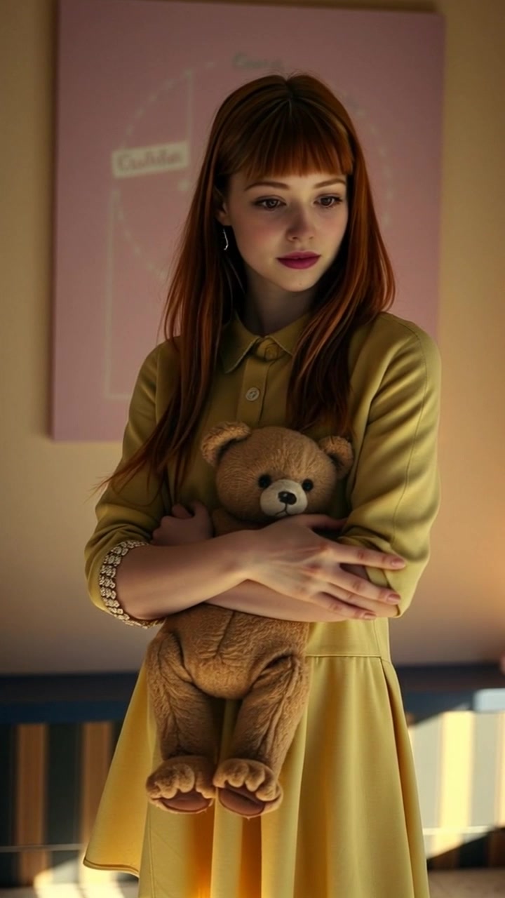 Subject: A girl standing in a dimly lit room. Subject movement: She stands still, looking sad as she clutches a worn teddy bear tightly. Scene: The atmosphere is heavy with melancholy, with shadows dancing across the room's walls. Lighting: Warm, diffused light creates a soft yet somber glow, enhancing the feelings of nostalgia and longing. Motion: The camera gently pushes in towards her, capturing the delicate expression of her face and the teddy bear's frayed edges, conveying a sense of intimacy and emotional depth.